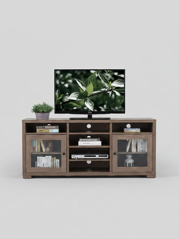 Meuble TV 62 po avec rangement et gestion des câbles pour téléviseurs jusqu'à 70 po - Noisette