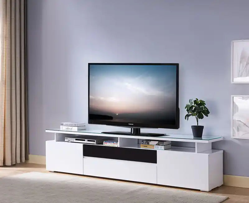 Meuble TV moderne de 173 cm avec rangements et gestion des câbles pour TV jusqu'à 75 pouces - Blanc