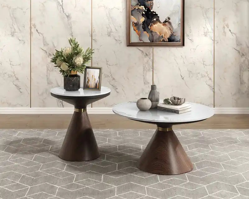 Table d'appoint ronde avec plateau en pierre frittée blanche de 49,5 cm