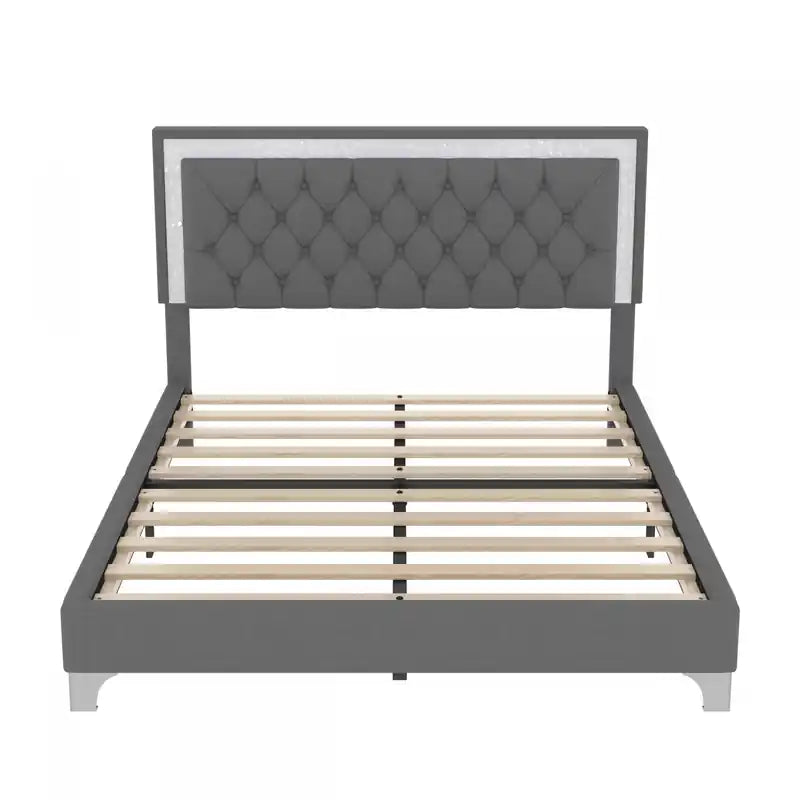 Sophia 3 Piece Velvet Tufted Headboard Bedroom Set With Upholstered Bed And Led Lights,queen Size,grey Queen Bed