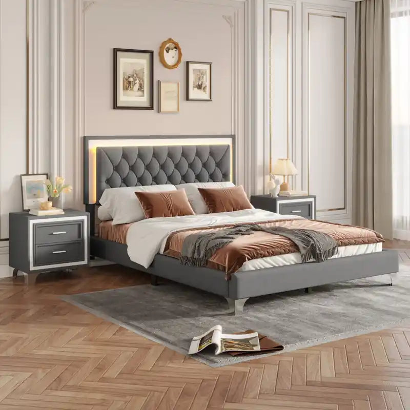 Ensemble de chambre à coucher 3 pièces avec tête de lit capitonnée en velours, lit rembourré et lumières LED, lit queen size, lit queen size gris