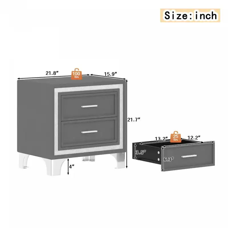 Ensemble de chambre à coucher 3 pièces avec tête de lit capitonnée en velours, lit rembourré et lumières LED, lit queen size, lit queen size gris