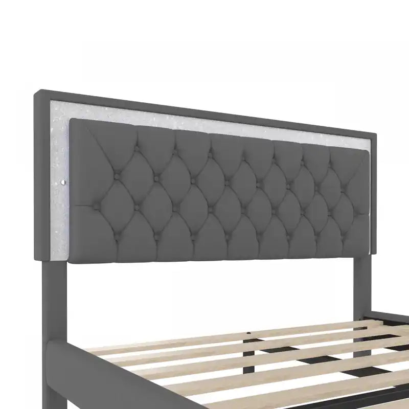 Ensemble de chambre à coucher 3 pièces avec tête de lit capitonnée en velours, lit rembourré et lumières LED, lit queen size, lit queen size gris