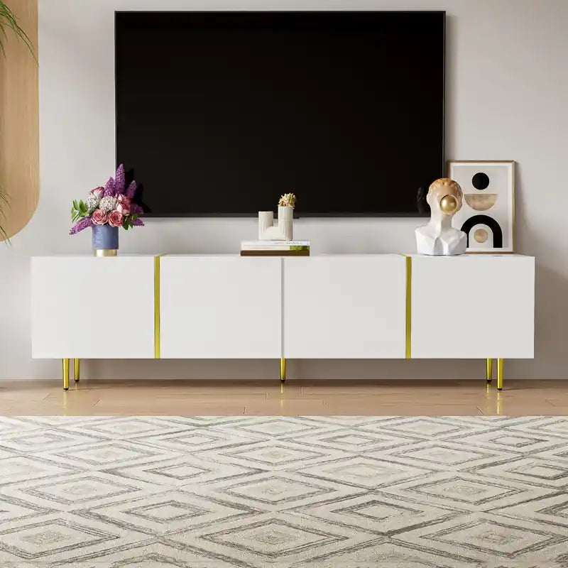 Meuble TV moderne avec 4 portes, meuble TV blanc brillant