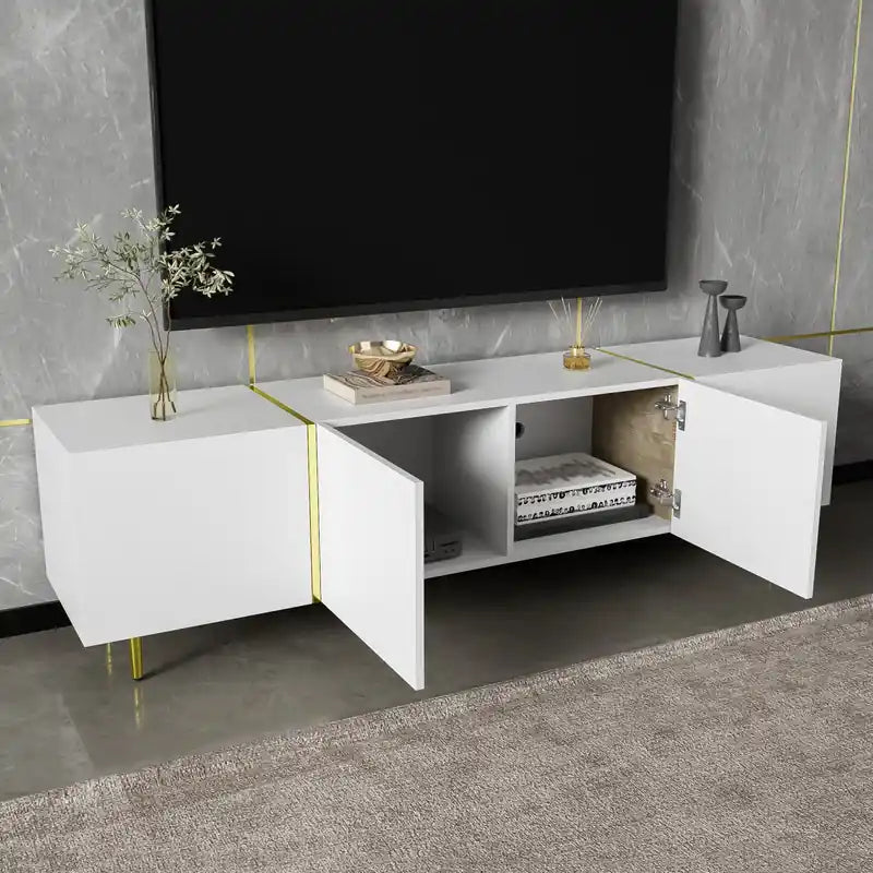 Meuble TV moderne avec 4 portes, meuble TV blanc brillant