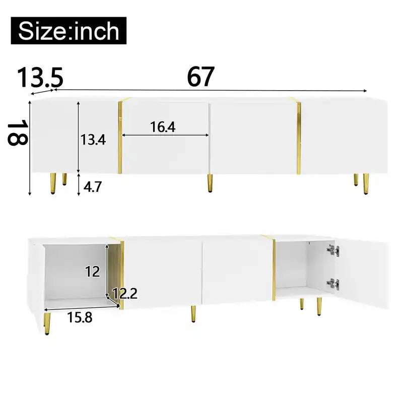 Meuble TV moderne avec 4 portes, meuble TV blanc brillant