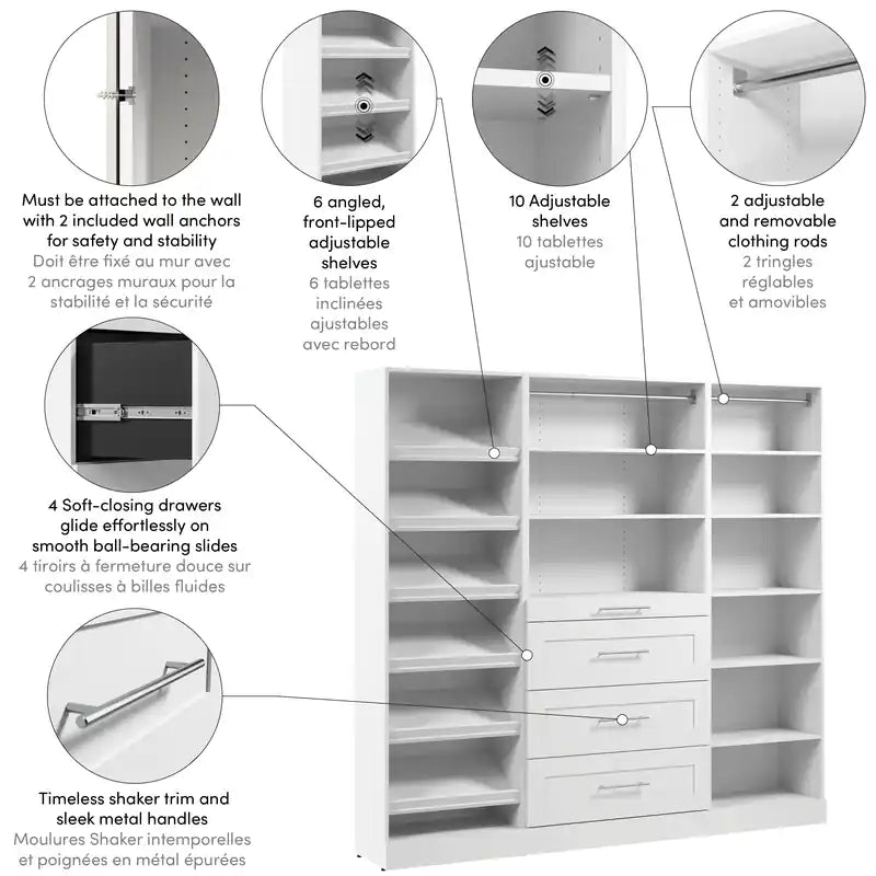 85 Système de rangement modulable pour dressing ou placard, avec tiroirs et étagères à chaussures, style Shaker