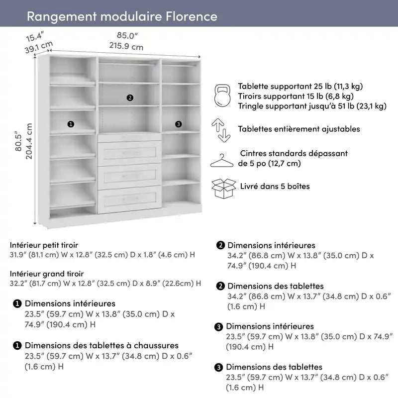 85 Système de rangement modulable pour dressing ou placard, avec tiroirs et étagères à chaussures, style Shaker
