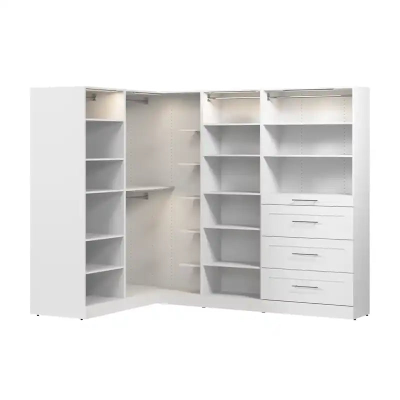 Bestar Florence 105 Modular L-Shaped Walk-In Closet System with LED Lights, Rods, Shelves and Drawe