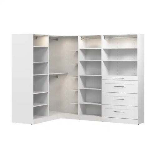 Bestar Florence 105 Modular L-Shaped Walk-In Closet System with LED Lights, Rods, Shelves and Drawe