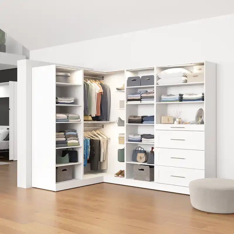 105 Système de dressing d'angle modulaire en L avec lumières LED, tringles, étagères et tiroirs