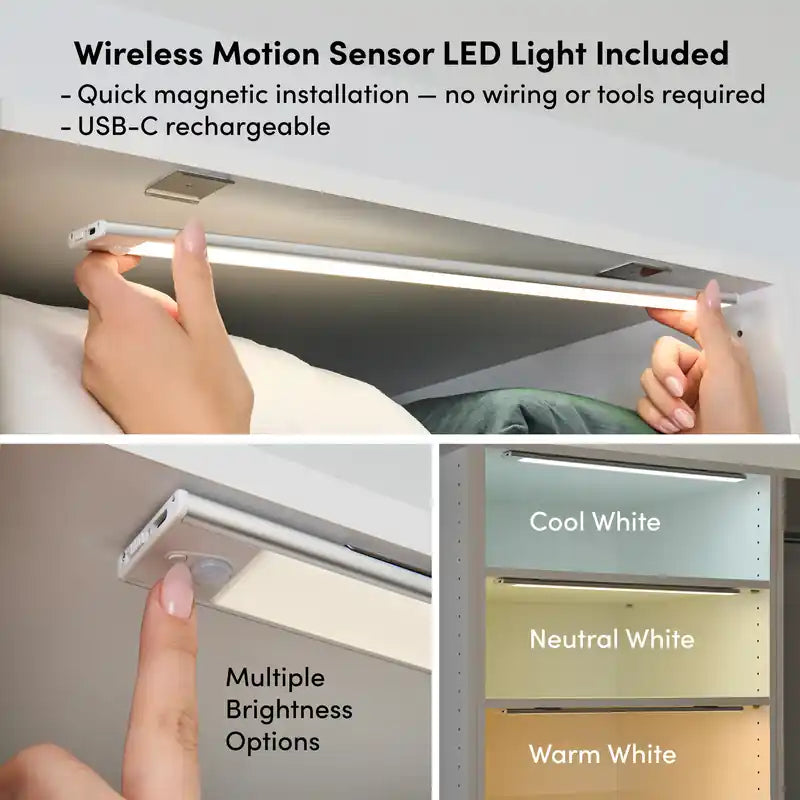 105 Système de dressing d'angle modulaire en L avec lumières LED, tringles, étagères et tiroirs