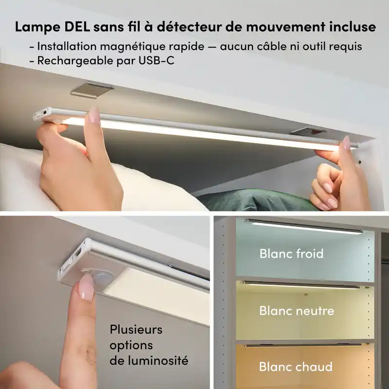 105 Système de dressing d'angle modulaire en L avec lumières LED, tringles, étagères et tiroirs