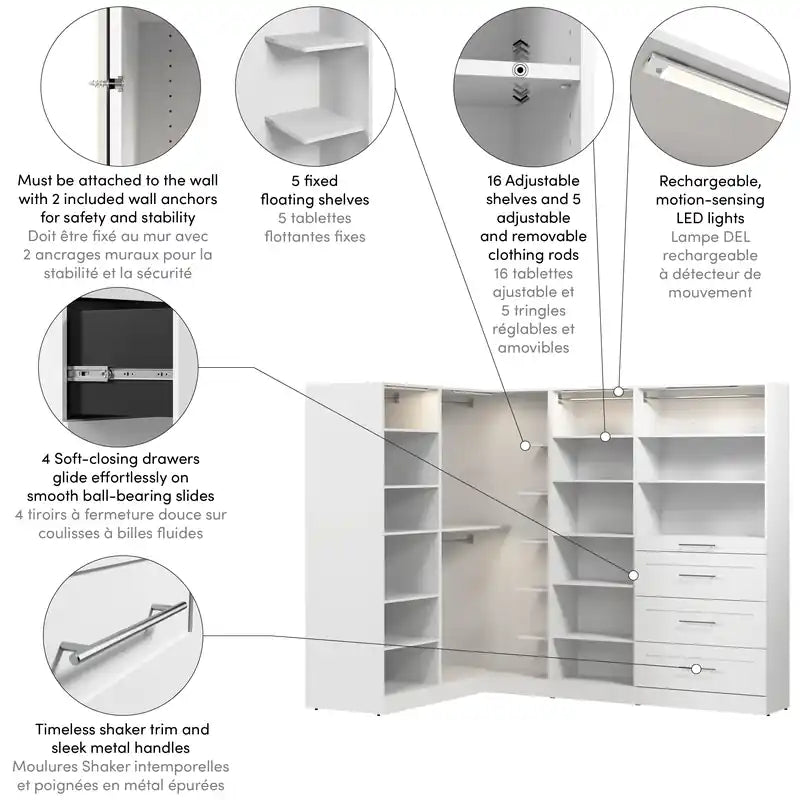 105 Système de dressing d'angle modulaire en L avec lumières LED, tringles, étagères et tiroirs