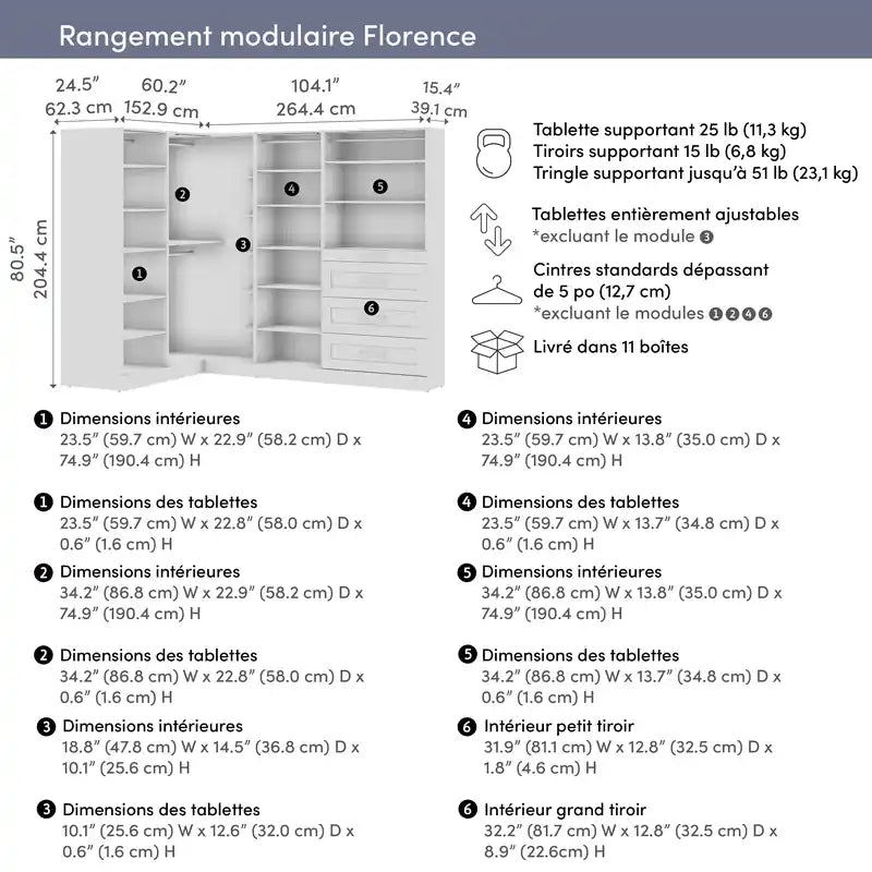 105 Système de dressing d'angle modulaire en L avec lumières LED, tringles, étagères et tiroirs