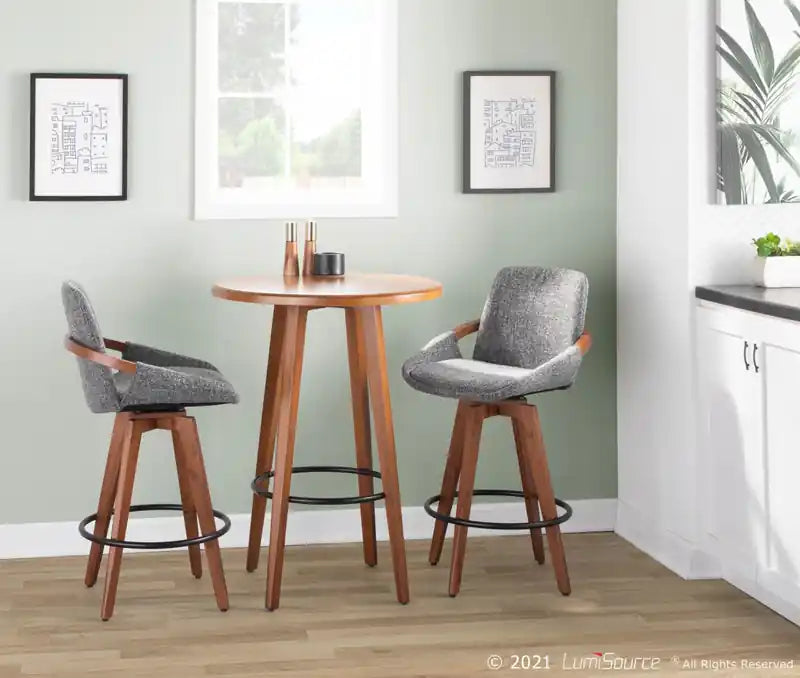 Tabouret de comptoir mi-siècle en tissu - Noyer/Gris