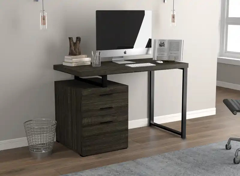 Bureau informatique 47" avec 3 tiroirs - Bois gris foncé avec base en métal argenté