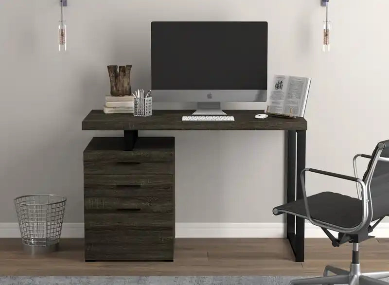 Bureau informatique 47" avec 3 tiroirs - Bois gris foncé avec base en métal argenté