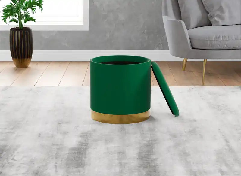 Pouf cylindrique en velours Siège rembourré vert forêt avec base en métal doré