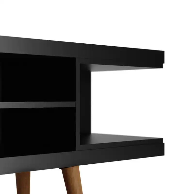 Meuble TV 53,14 po avec pieds en bois évasés et 4 tablettes