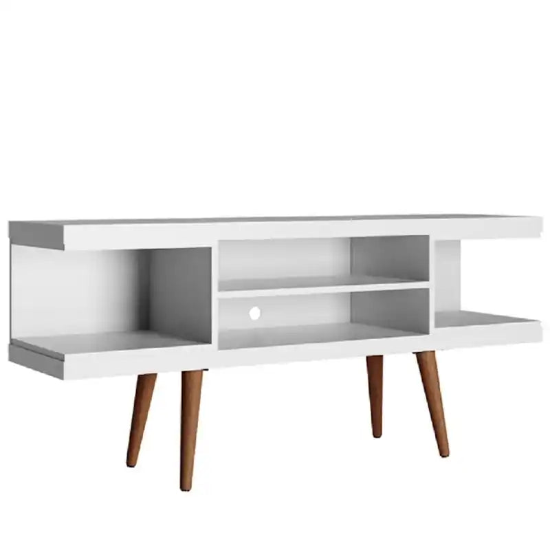 Meuble TV 53,14 po avec pieds en bois évasés et 4 tablettes