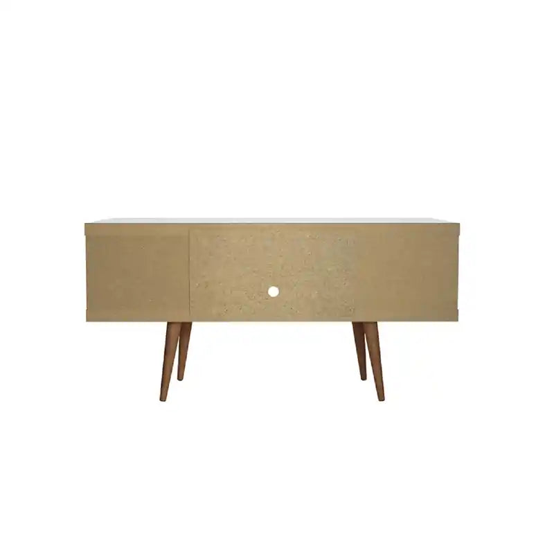 Meuble TV 53,14 po avec pieds en bois évasés et 4 tablettes