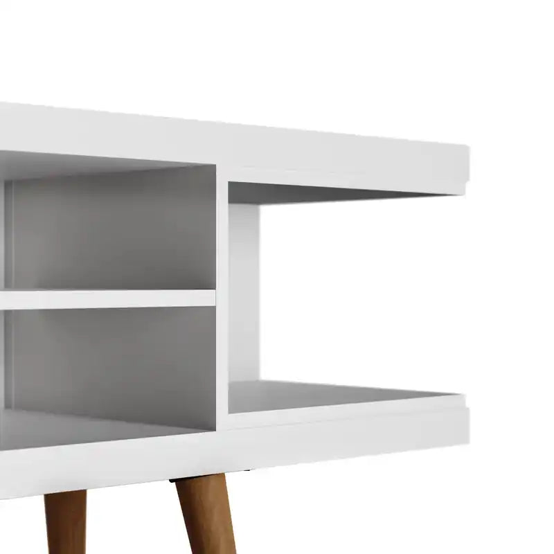 Meuble TV 53,14 po avec pieds en bois évasés et 4 tablettes