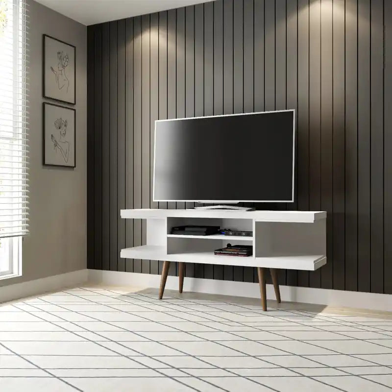 Meuble TV 53,14 po avec pieds en bois évasés et 4 tablettes