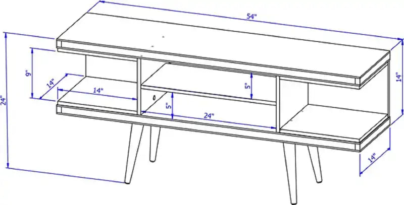 Meuble TV 53,14 po avec pieds en bois évasés et 4 tablettes