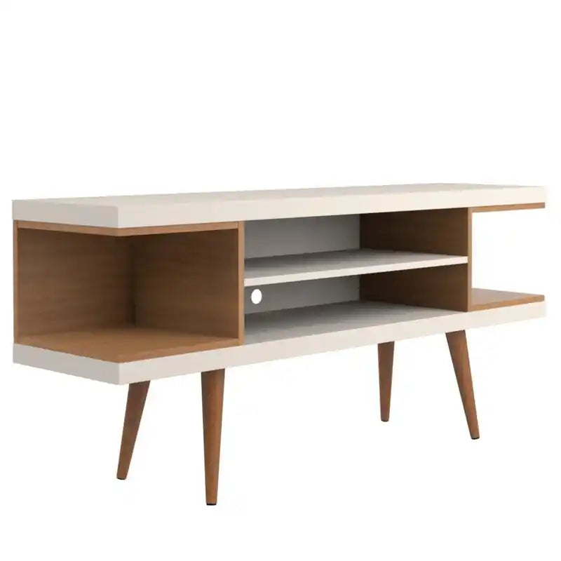 Meuble TV 53,14 po avec pieds en bois évasés et 4 tablettes