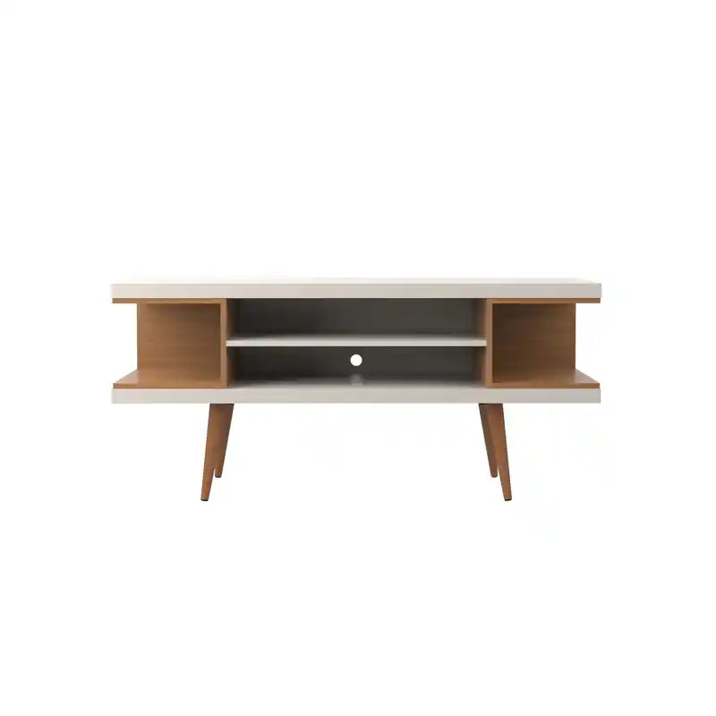 Meuble TV 53,14 po avec pieds en bois évasés et 4 tablettes