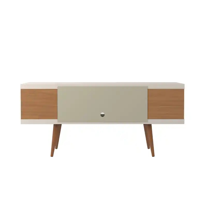 Meuble TV 53,14 po avec pieds en bois évasés et 4 tablettes