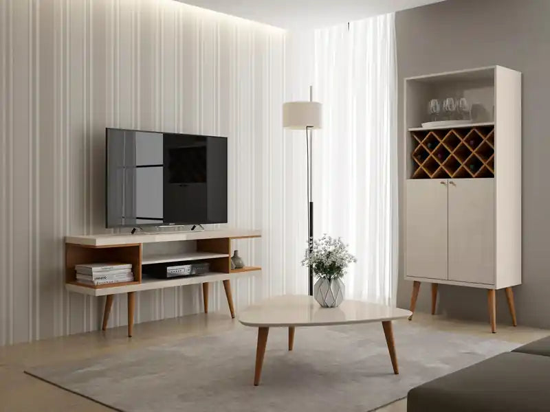 Meuble TV 53,14 po avec pieds en bois évasés et 4 tablettes