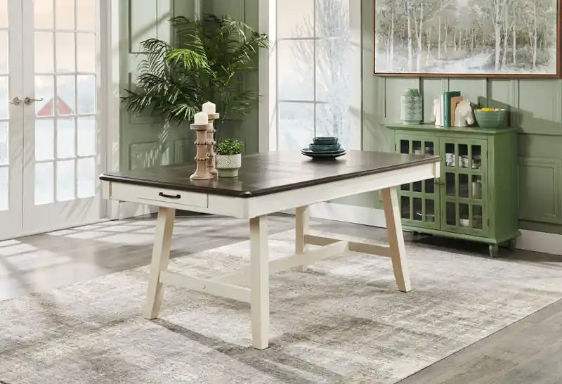 Ensemble de salle à manger 7 pièces avec table et 6 chaises, tiroirs de rangement, piédestal à tréteaux, 70W - Blanc/Gris