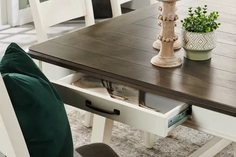 Ensemble de salle à manger 7 pièces avec table et 6 chaises, tiroirs de rangement, piédestal à tréteaux, 70W - Blanc/Gris