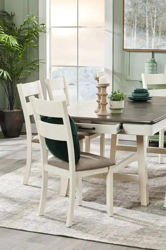 Ensemble de salle à manger 7 pièces avec table et 6 chaises, tiroirs de rangement, piédestal à tréteaux, 70W - Blanc/Gris