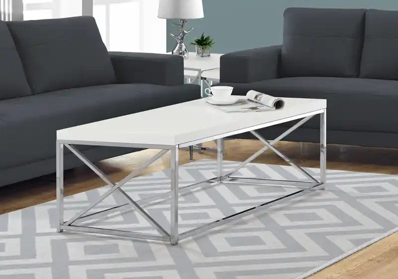 Table basse moderne 44 - Blanche avec base en métal chromé
