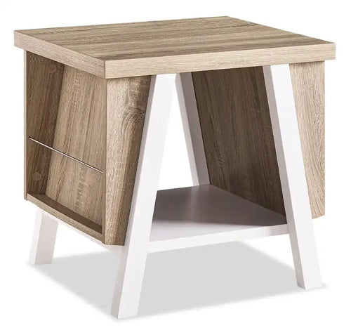 Malik 22 Modern End Table with Storage and Shelf - White and Light Brown
