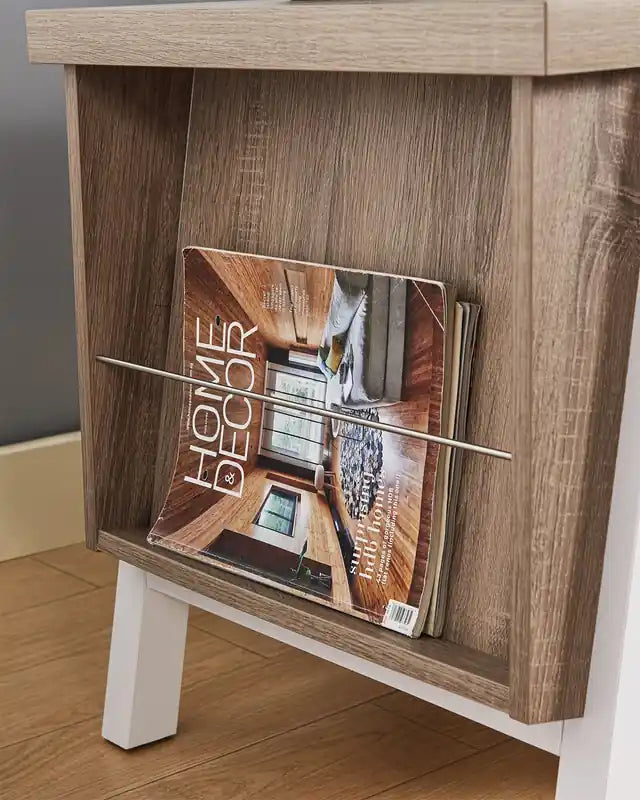 Table d'appoint moderne avec rangement et étagère - Blanc et marron clair