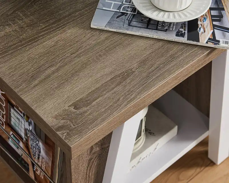 Table d'appoint moderne avec rangement et étagère - Blanc et marron clair
