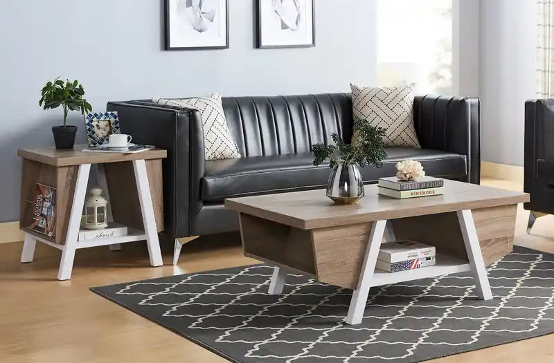 Table d'appoint moderne avec rangement et étagère - Blanc et marron clair