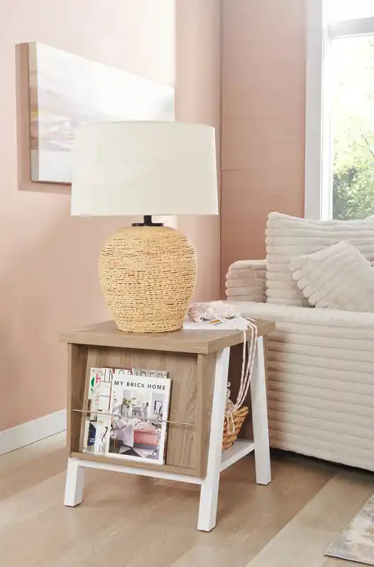 Table d'appoint moderne avec rangement et étagère - Blanc et marron clair