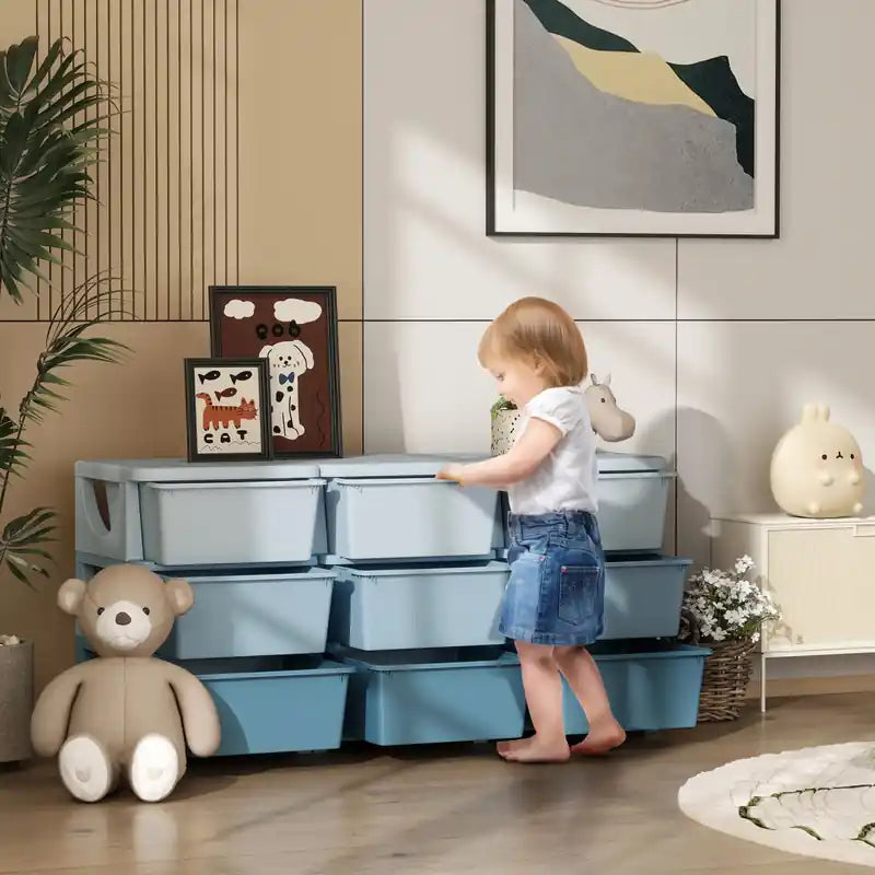 Organisateur de rangement avec 9 bacs en plastique, commode à 3 tiroirs pour chambre d'enfant, crèche, maternelle, salon pour garçons, filles, tout-petits