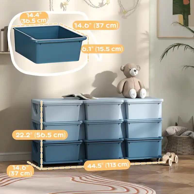 Organisateur de rangement avec 9 bacs en plastique, commode à 3 tiroirs pour chambre d'enfant, crèche, maternelle, salon pour garçons, filles, tout-petits