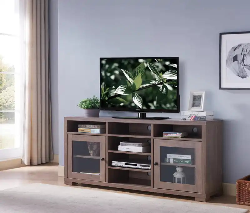 Meuble TV 62 po avec rangement et gestion des câbles pour téléviseurs jusqu'à 70 po - Noisette