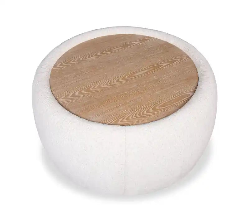 Repose-pieds cocktail en tissu chenille 36 po avec dessus et pieds en bois - Blanc albâtre