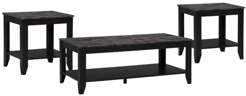 47,5 Table basse rustique + 2 tables d'appoint avec étagère - Aspect marbre cappuccino (lot de 3)