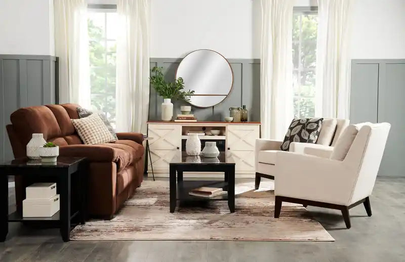 47,5 Table basse rustique + 2 tables d'appoint avec étagère - Aspect marbre cappuccino (lot de 3)