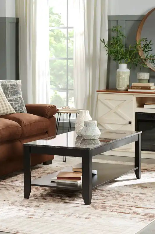 47,5 Table basse rustique + 2 tables d'appoint avec étagère - Aspect marbre cappuccino (lot de 3)