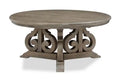 Tinley Park 40 Traditional Round Coffee Table - Grey-Brown Pine with Scroll Design Base